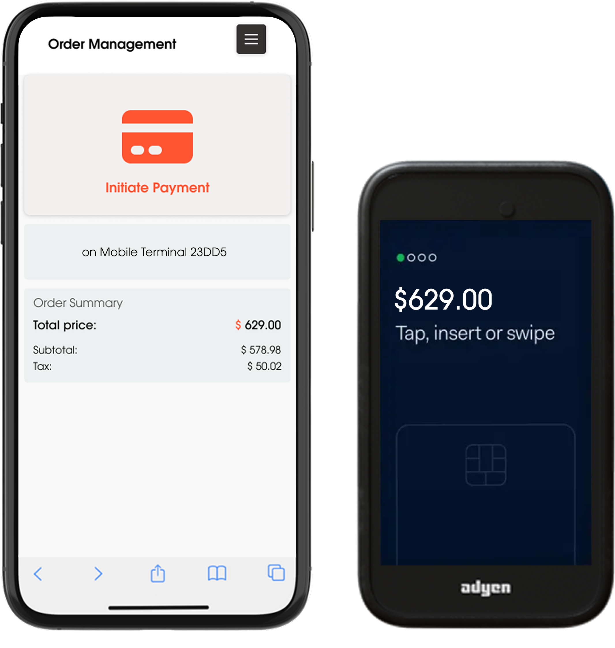 Mobile order management interface connected to Adyen payment terminal showing $629.00 transaction