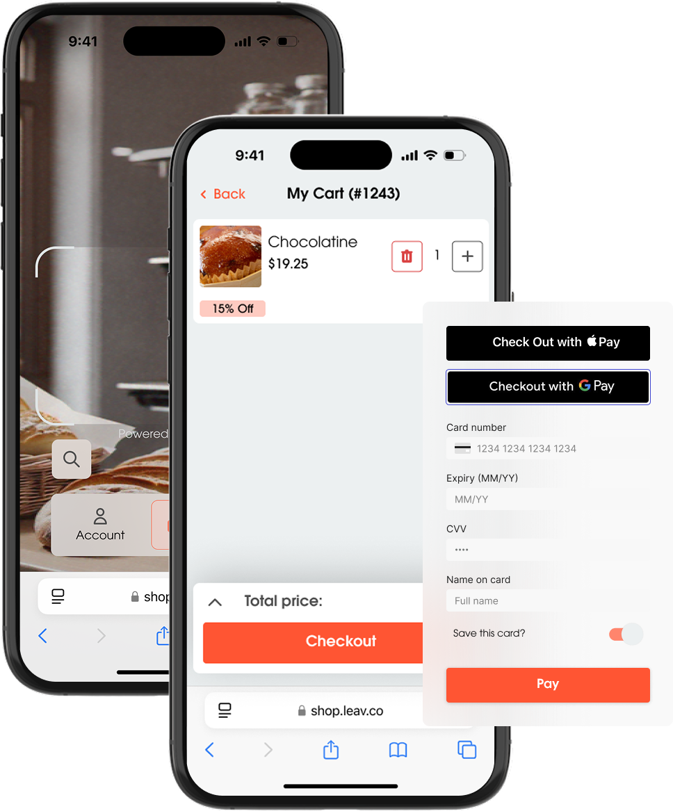 Self-serve mobile checkout process showing product scanning, cart, and payment options